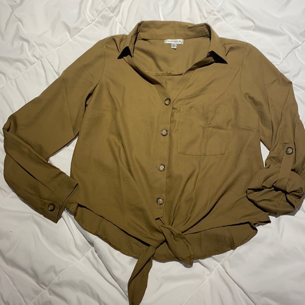 Cropped olive green button down blouse